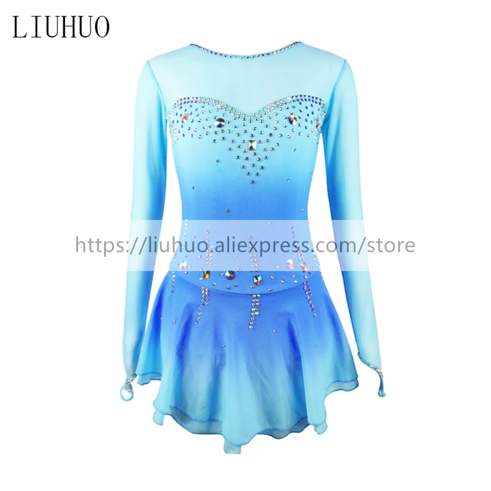 LIU HUO Kids Women's Girls' Figure Ice Skating Dress Ballet Dance Stage Performance Stretch Competition Costumes Blue Gymnastics