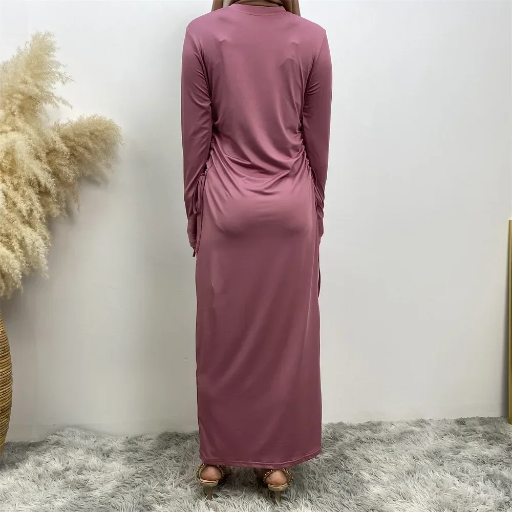 Inner Dress for Abaya Women Plain Drawstring Muslim Long Sleeve Slip Dresses Under Abayas Kimono Dubai Turkey Islamic Clothes