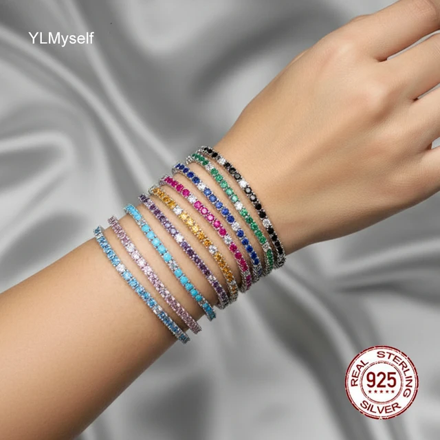 Bracelet de tennis en argent S925, bijoux fins, pavé Montana, bleu, aqua., vert, adrene, rose, noir, turquoise, doré, violet, 3mm 1