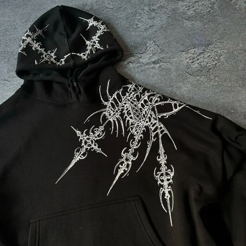Dark Gothic geometric pattern printed oversized pullover hoodies women Y2K street hip-hop rock trend couple versatile sweatshirt 3