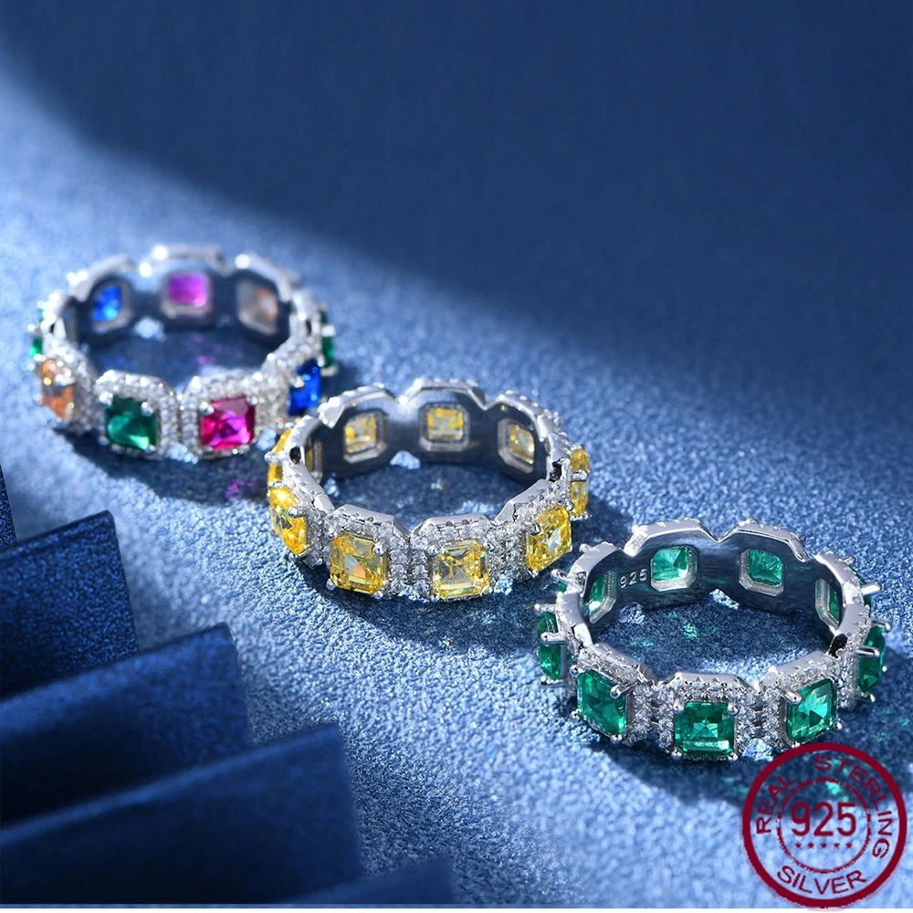 New 925 Sterling Silver Asscher Cut Emerald High Carbon Diamond Classic Ring Fine Engagement Jewelry Wholesale