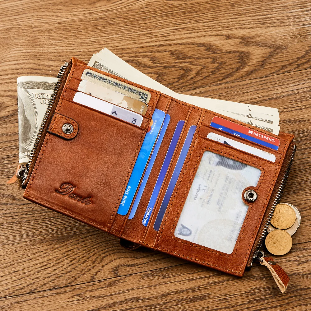 Dante Leather Men‘s Wallet Top Layer Cowhide RFID Anti-theft Brush Wallets Card Swiping Driver's License Chain Zipper Coin Purse