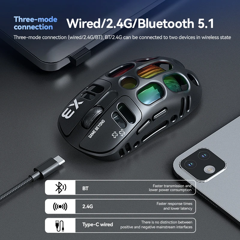 2026 Hollow-out Design Lightweight Computer Game Accessories 3-Mode Bluetooth Wireless Mouse Laptop Rechargeable RGB Backlight