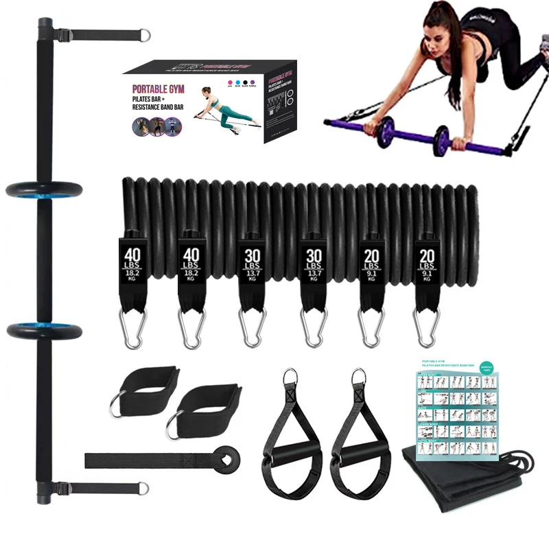 

Pilates Bar Kit with Gym Resistance Bands Abdominal Wheel Muscle Strength Training Bodybuilding Elastic Bands Fitness Equipment