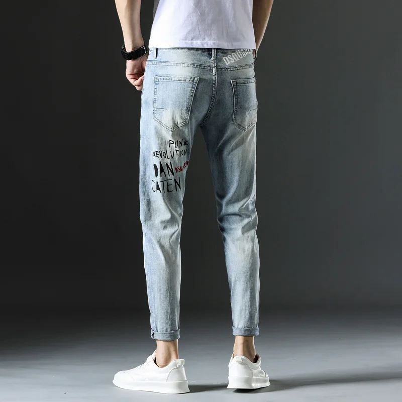Men's Jeans Spring Summer Korean Fashion Pants Classic Overalls Straight Trousers for Men Large Size Painted Worn Slim Fit D2