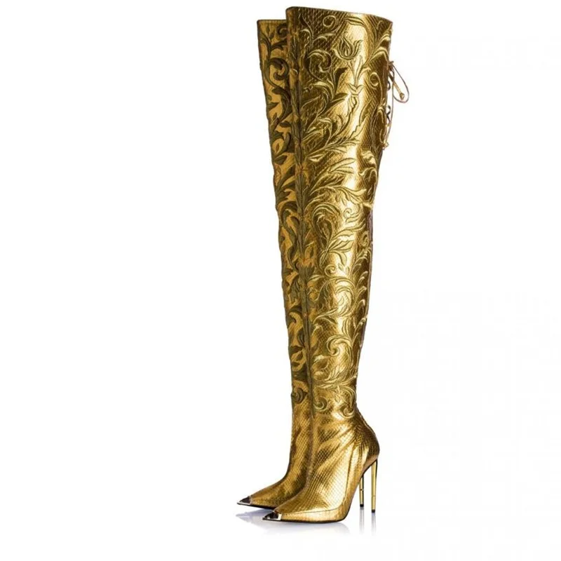 

Metal Pointed Toe Gold Snakeskin Over The Knee Boots Floral Printed Leather Cover Heels Winter Long Boot Back Zipper