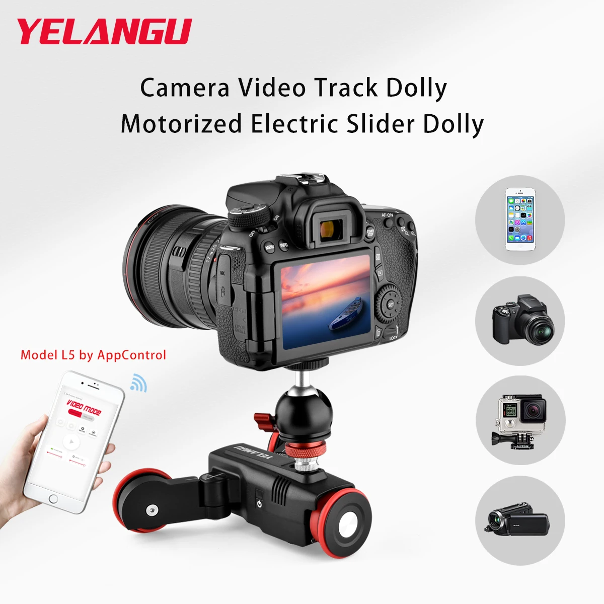 YELANGU L5i Mini Electric Motorized Track Dolly Slider Rail with Time-lapse Shooting APP Operation for Camera Smartphone Go pro