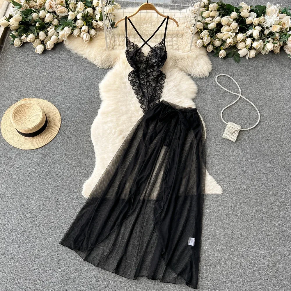 Sexy Red Skirt Sets In Women's Secret Clothing Slim Lace Bodysuit Lace Up Irrergular Skirt Pajama Set Lady's Erotic Lingerie