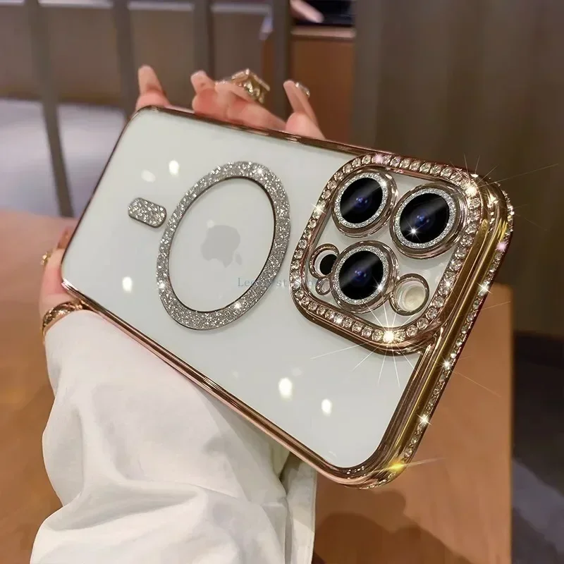 thumbnail image 1 of Magnetic Diamond Glitter Bling Case for iPhone 15 14 13 12 11 Pro Max Plus Rhinestone Electroplated Jewelled Transparent Cover, 1 of 5