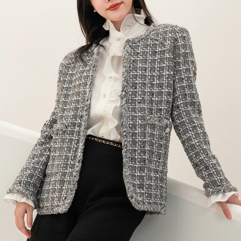 

High Quality Grey Tweed Coat Women's O Neck Casual Loose Wild Chic Long-sleeved Fashion French Small Fragrance Plaid Lady Coat