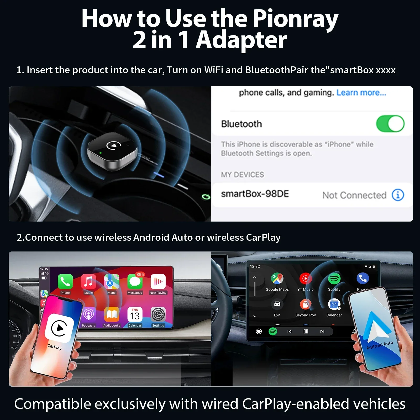 Portable 2 in 1 Wireless CarPlay Android Auto Adapter 5Ghz WiFi USB Type C Plug Play Compatible with iPhone Samsung Phones