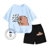 Hit Youth Sunshine Capybara Cartoon Print Design O Collar Delicate Short Sleeves and Shorts Summer Children School Two-piece Set 4