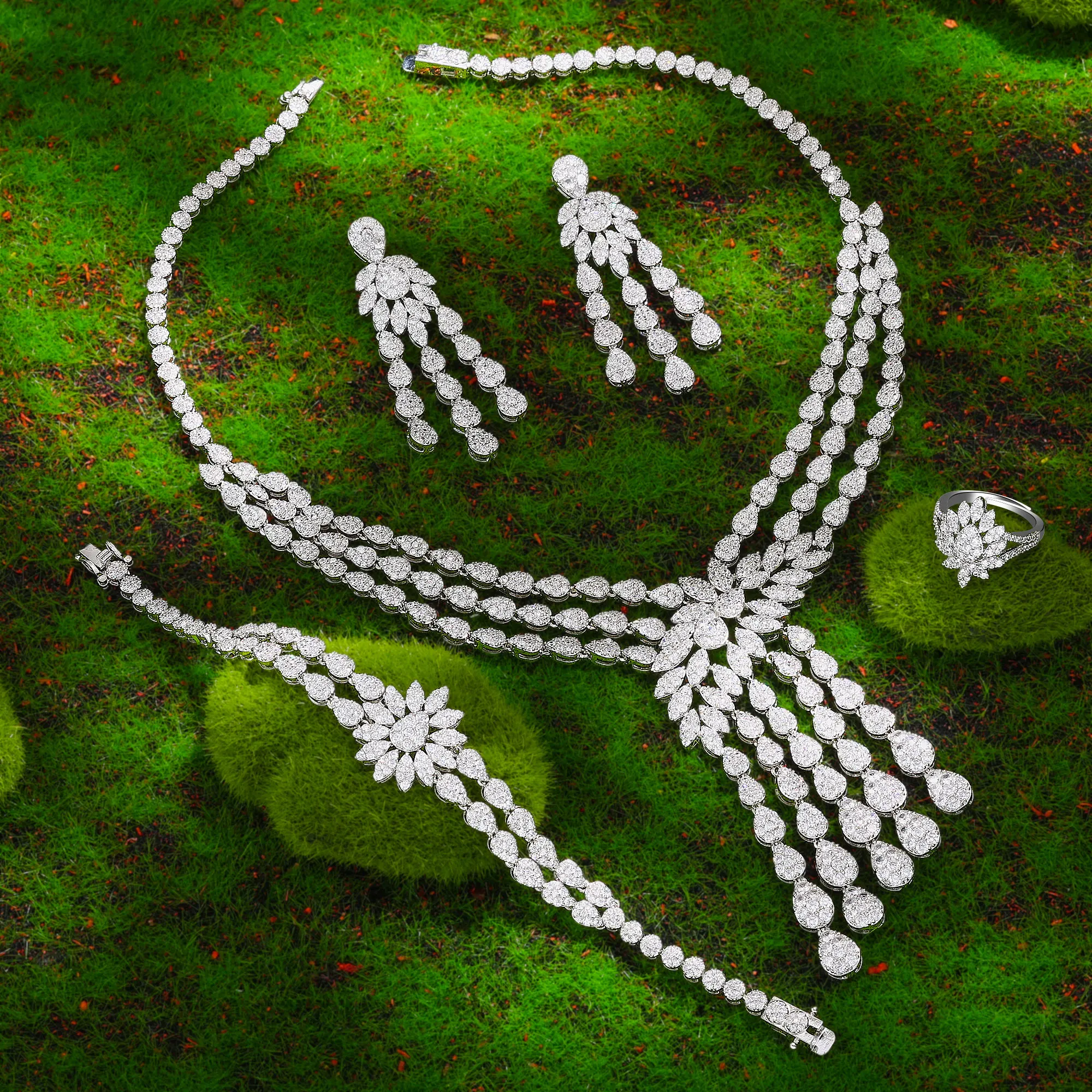 신부 지르코니아 풀 세트 여성용 파티 쥬얼리 세트, 럭셔리 두바이 나이지리아 CZ 크리스탈 웨딩 쥬얼리 세트, 4 피스, 2024 신제품