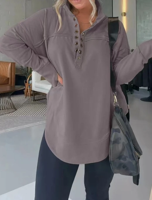 Women's Commuting Style Hoodies Long Sleeved Thickened Top 2024 Early Spring Latest Solid Color Standing Color Buttons Pullover