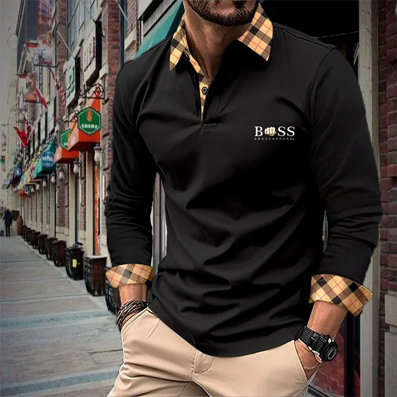 

2024 Spring and Autumn New Men's Checkered Polo Shirt with High Quality Printed Long sleeved Outdoor Sports Top for Men