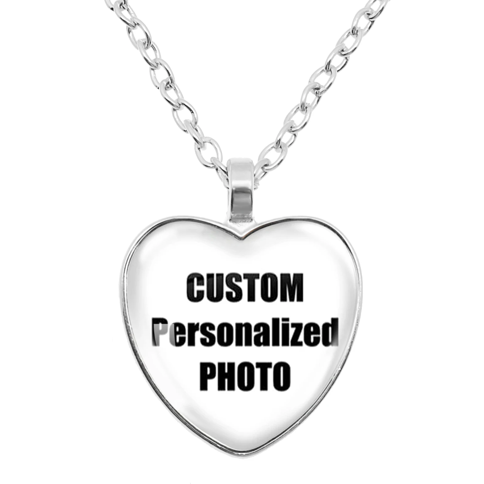 Personalized heart pendant necklace with custom photo or name, 25mm glass pendant with link chain.