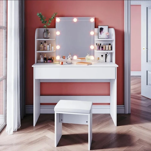 Ensemble d'organisateur de table en spanTable avec miroir de maquillage,  lumières LED RVB, chambre à coucher - AliExpress