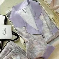 Flowers Twill Print Classy Women's Pajamas Spring Autumn Two-piece Sets Long Female Lounges Simulated Silk 2024 New Y2k Homewear