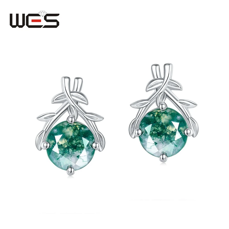 WES 925 Sterling Silver Olive Branch Moss Agate Ring for Women Wedding Jewelry Natural Gemstone 8*8mm Lady Gifts Certified Band