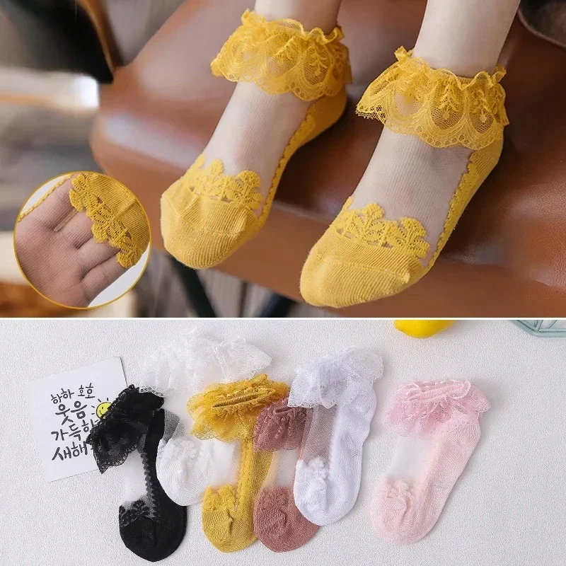 여름  여자아이용 0-8세 러플 레이스 초박형 크리스탈 시스루 양말, 키즈 여자아이 공주풍 발목 러플 레이스 투명 노쇼 양말