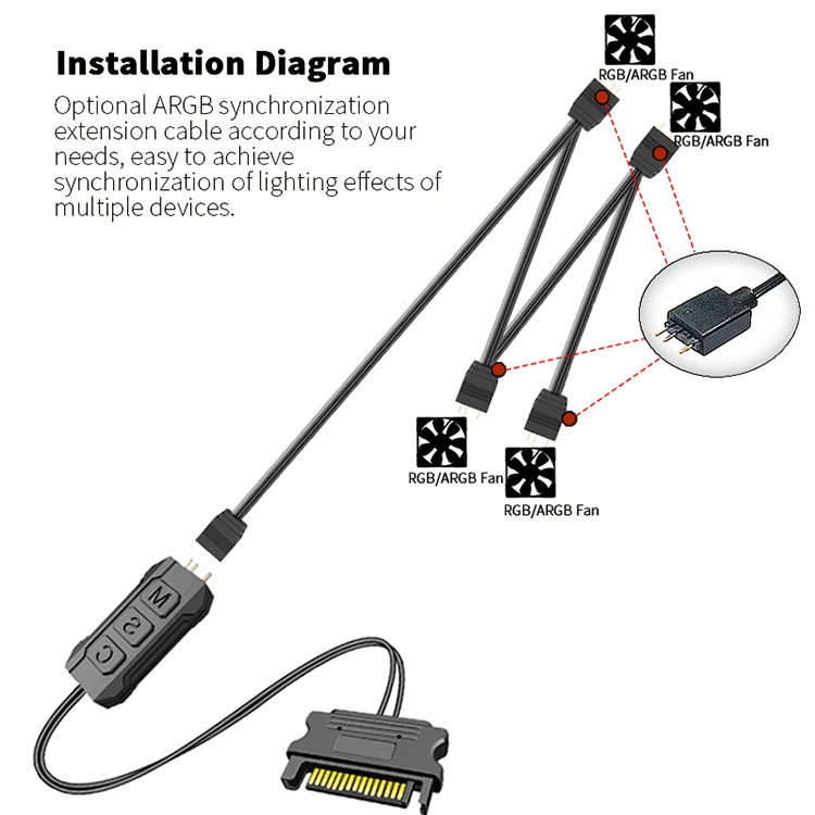 TEUCER LC-S50R ARGB 5V 3PIN to SATA Interface Extension Cable Light Controller w