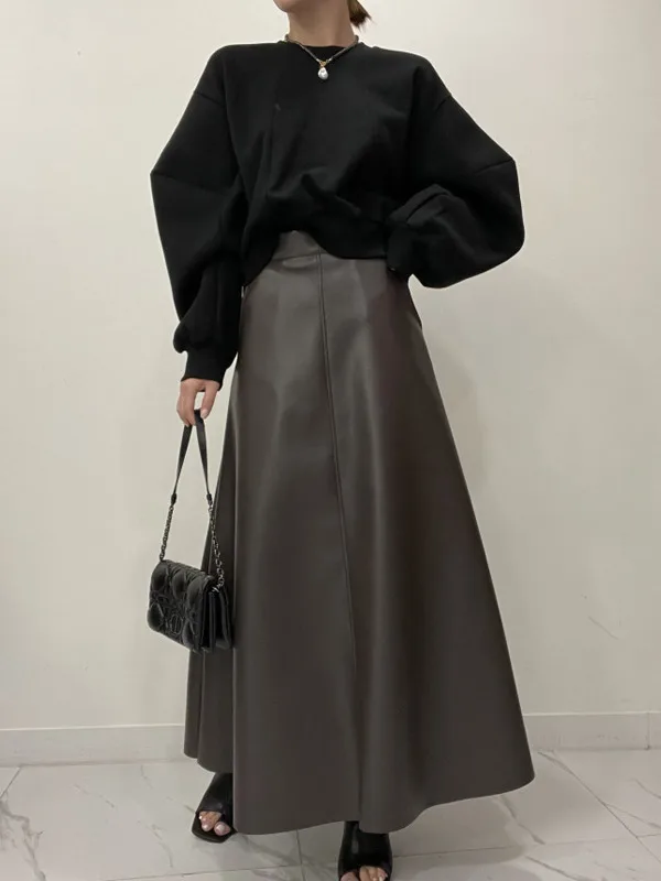 Chic High Waist A-Line Long Skirt PU Leather Slimming f Body Swinging Skirts for Women Autumn Faion Commute Casual
