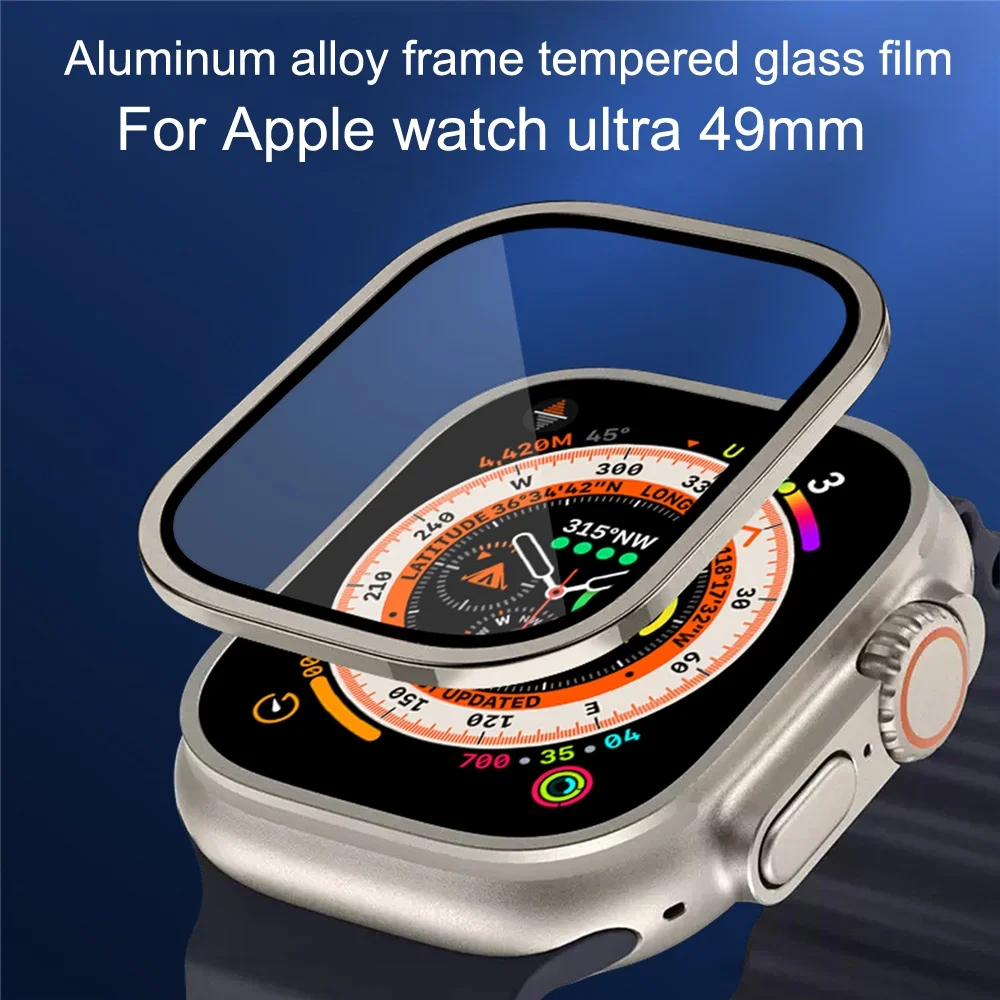 

Aluminium Alloy Metal Frame Tempered Glass Screen Protector Film for Apple Watch ultra 49mm Scratch proof protector