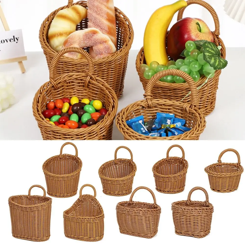 Imitation Rattan Kitchen Storage Basket Home Decoration with Handle Hand-woven Hanging Baskets Vegetable Fruit Flower Brown 4
