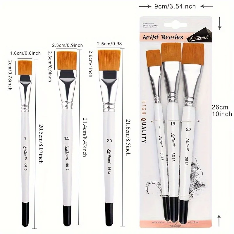 3pcs Watercolor Acrylic Flat Brushes Professional Flat Acrylic Paint Brushes, Multifunctional Paint Brush Set for Watercolour