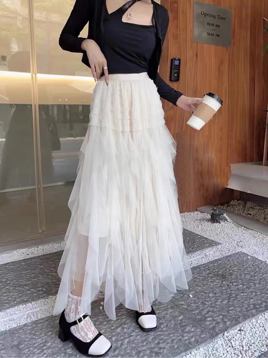 

New Fashion Womens Long Skirts Solid Color Elastic Waist Skirts Spring Summer Fashion Layered Tulle Tutu Casual Skirts Hot Sale