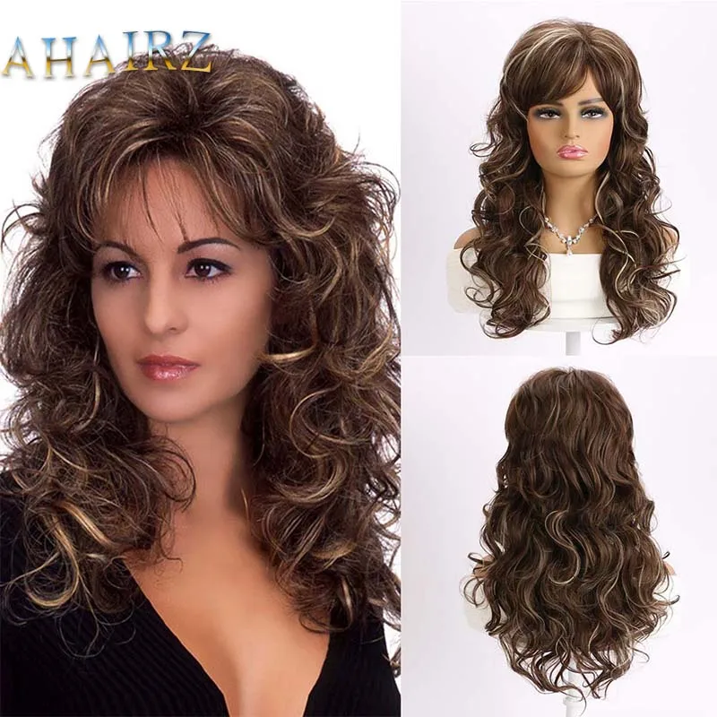 Long Mixed Brown Synthetic Curly Wigs with Bangs Cosplay Wig for Women Daily Wear High Temperature Fake Hair