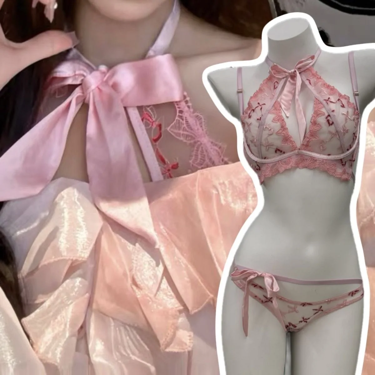 Ensemble bralette culotte noeud ruban brodé rose vue de face détail broderie papillon