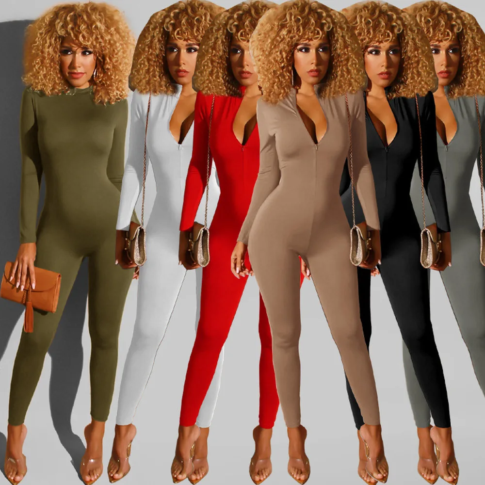 Activewear Casual Zipper Up Rompers Womens Jumpsuit Deep V Neck Full Sleeve One Piece Overall Casual Workout Skinny Bodysuit 1