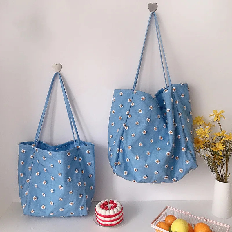 Women Canvas Shoulder Bag Daisy Embroidery Mesh Cloth Bags Large