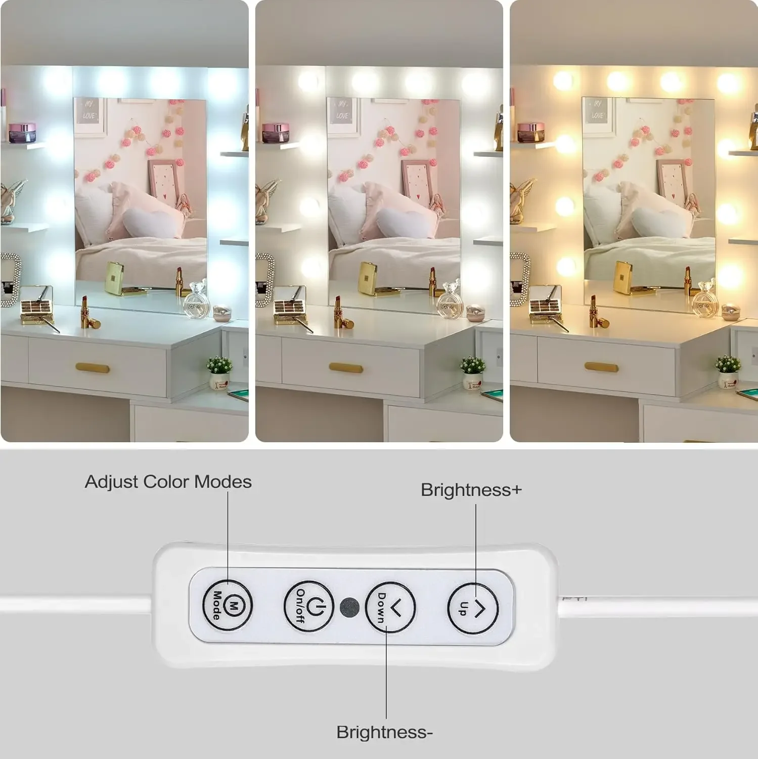 Makeup Vanity Desk Vanity Set with 10 LED Bulbs Lighted Mirror Makeup Table Set with Charging Station Nightstand 3 Colors