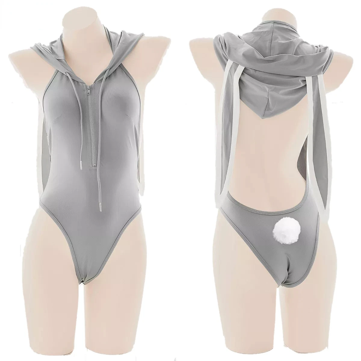 

Anime Cute Girl Sweet Bunny Gray Hooded Bodysuit Lingerie Costume Women Zipper Backless Hoodie Pajamas Sexy Backless Cosplay