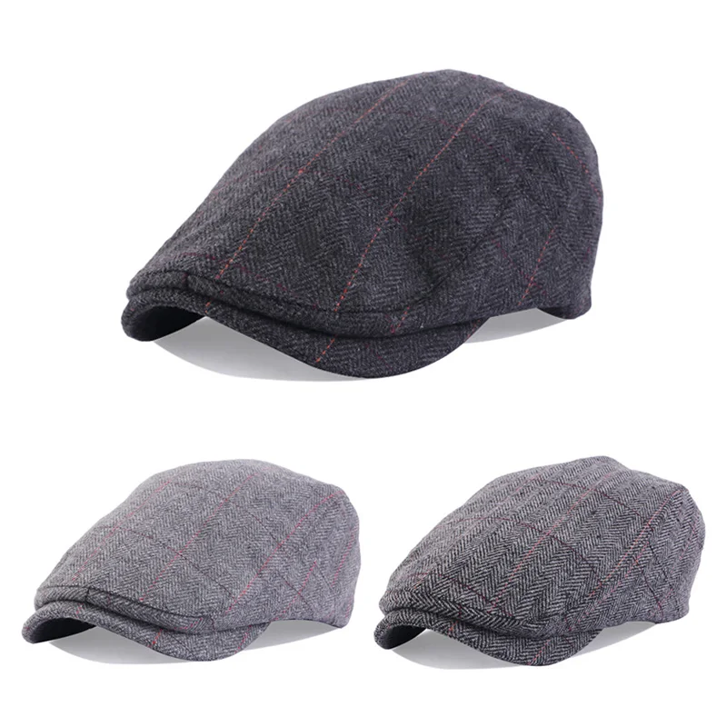 

New Men Classic Plaid Stripe Newsboy Cap Winter wool blend Flat Ivy Vintage Gatsbay Hat Irish Outdoor Cabbie Beret painter Ha