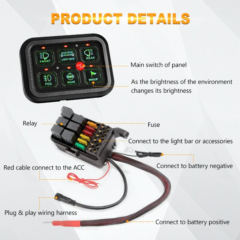 Auxbeam Gang Switch Panel GC60 Universal Circuit Control Relay System Automatic Dimmable LED Switch Pod Touch Control Panel Switch Relay Box for Car - 2