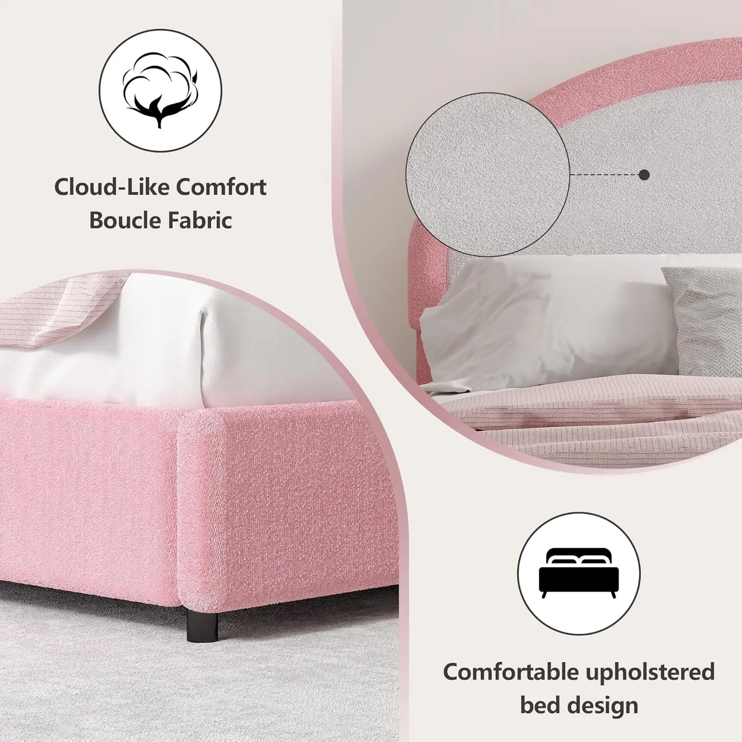 Upholstered Platform Bed Queen Size with Headboard, Pink Bed Frame for Girls Kids, Low Profile Bed, Rounded Corners