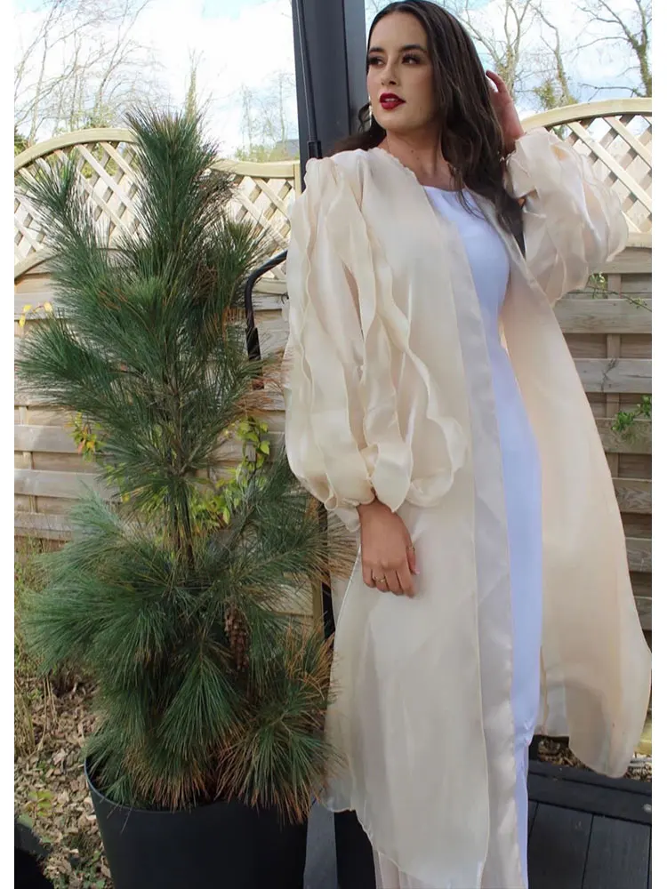 Petal Puff Sleeve Open Abaya Two Layers Muslim Eid Turkey Long Dress Kimono for Women Summer