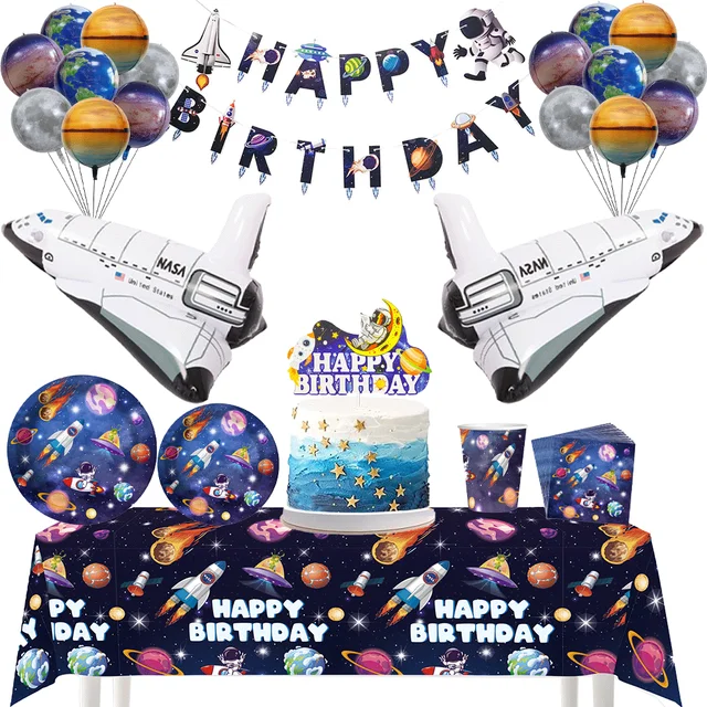 Decoraciones y accesorios de mesa de fiesta de cumpleaños para niños, tema del espacio exterior del Sistema Solar, lanzadera espacial, astronauta, Galaxia, Planeta, globos 1
