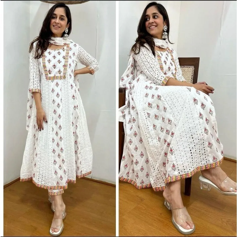 

White Salwar Kameez Women Party Wear Kurti Palazzo Dupatta Indian Handmade