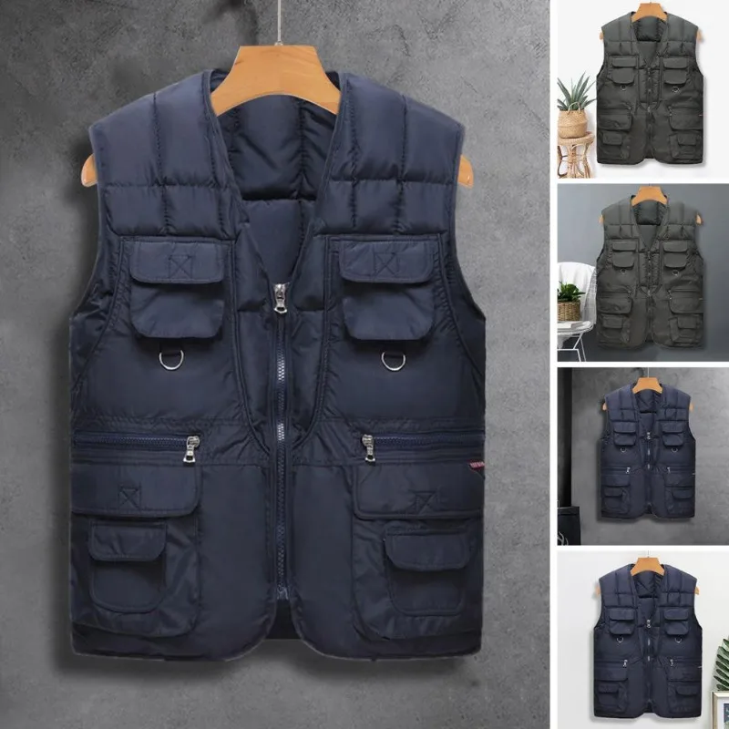 Men Autumn Winter Vest With Multiple Pockets Zipper Closure Sleeveless Waistcoat Winter Warm Coat Fashion Clothing