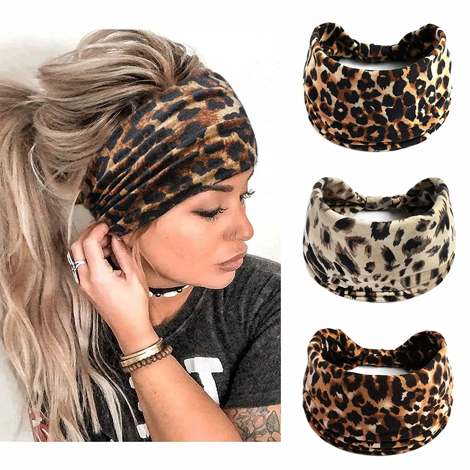 Boho Wide Knotted Headband Soft Elastic Printed Turban Hairband For Women Girls Sport Yoga Workout Summer Beach Headwear