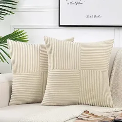 Teal & Orange Boho Corduroy Striped Decorative Pillow Covers - Modern Farmhouse Patchwork Design, 18x18 Inch - 50x50CM 1Pcs (Beige Yellow)
