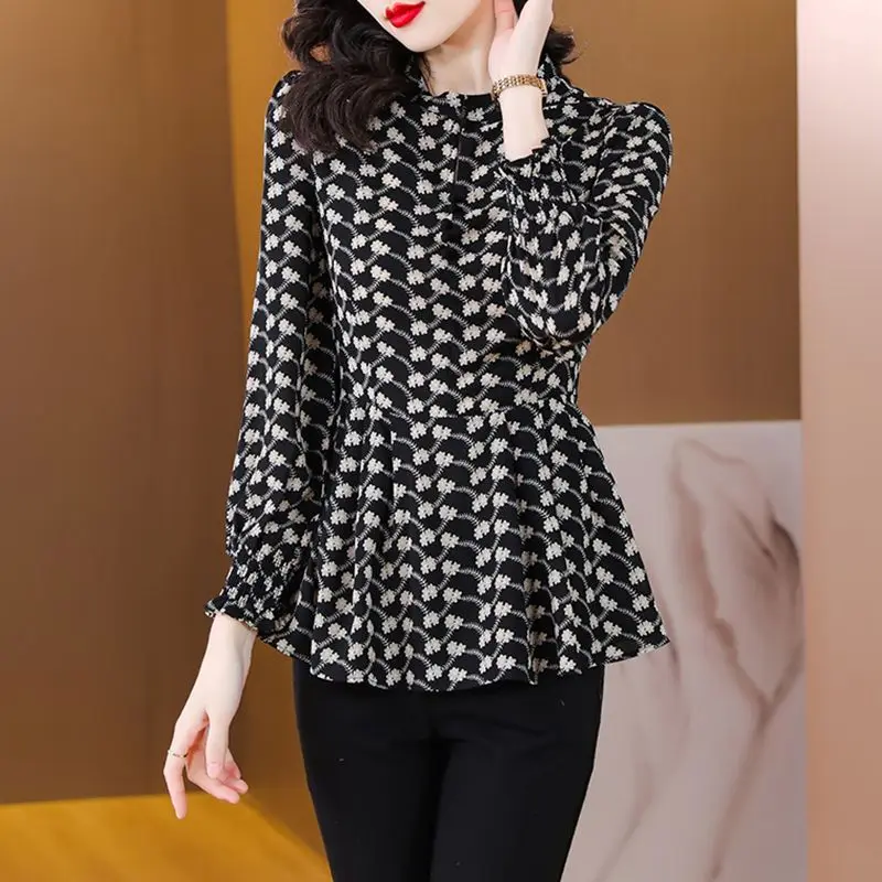 Women Clothing Korean Fashion Print Slim Blouses Vintage Elegant Chiffon Shirt Chic Long Sleeve Tops Spring Autum Blusa Feminina