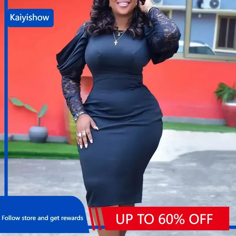 

2023 African Dresses for Women Autumn Elegant African Long Sleeve Lace Patchwork O-neck Bodycon Dress Dashiki African Clothing