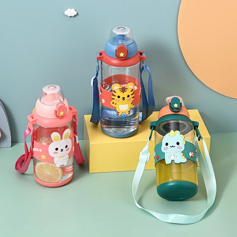 

Large Capacity Water Cup 3D Cartoon Plastic Cup Student Outdoor Sports Water Bottle Comes with Strap Spring Cap Straight