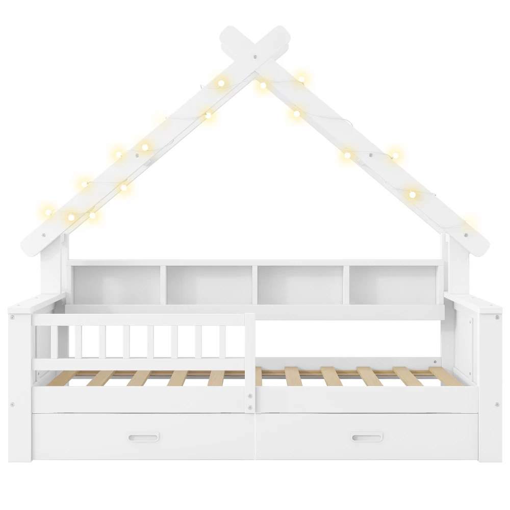 90 x 200 cm/140 x 200 cm großes Plattformbett aus Holz in Hausform, mit LED-Beleuchtung, Ablagefächern, Schubladen und Schutzgitter – Detail 12