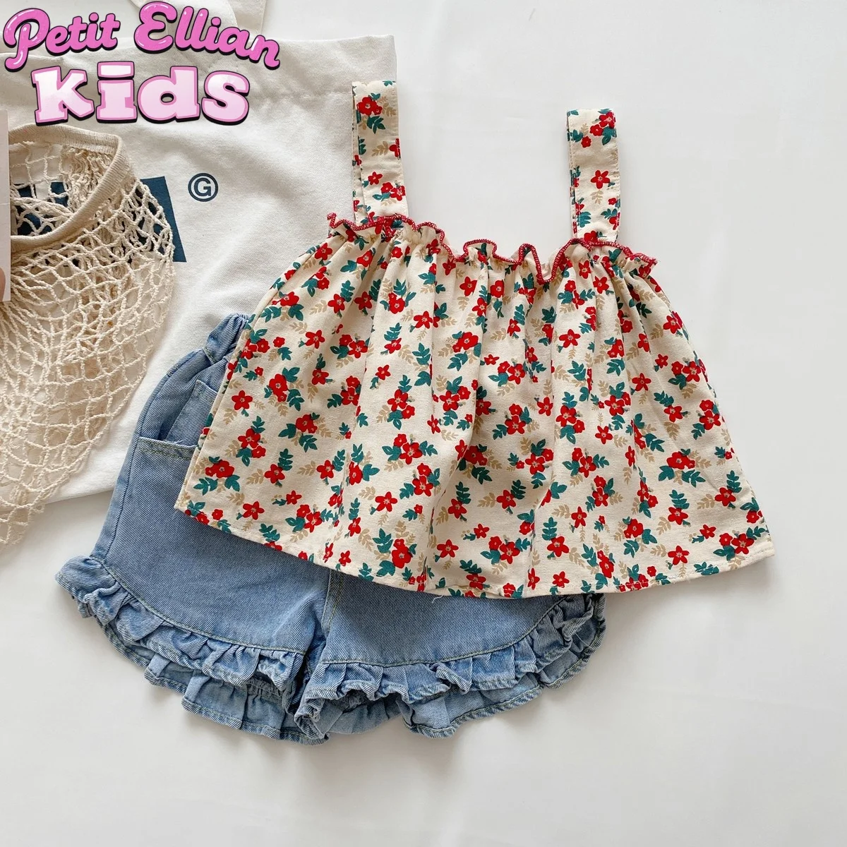 1-6 Y Kids Girls Cotton Floral Sling Top with Ruffles + Denim Shorts Set Cute Summer Outfit for Children Baby Girls kids clothing set girls clothing set